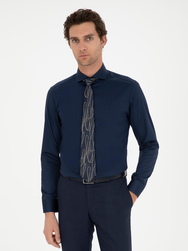 Lacivert Slim Fit Uzun Kollu Basic Gömlek
