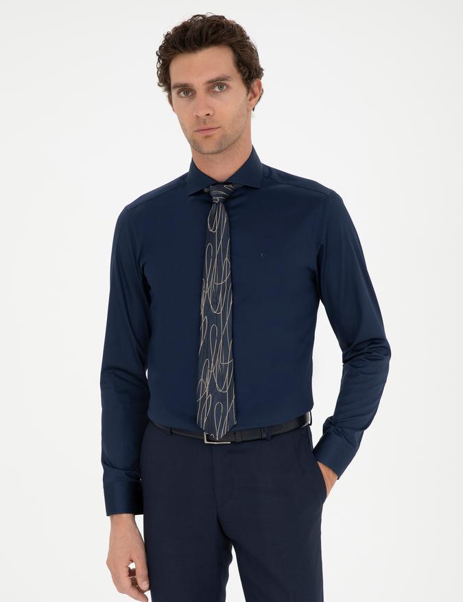 Lacivert Slim Fit Uzun Kollu Basic Gömlek