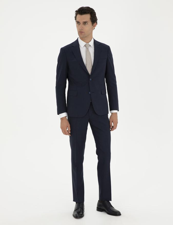 Lacivert Slim Fit %100 Yün Mikro Desenli Takım Elbise