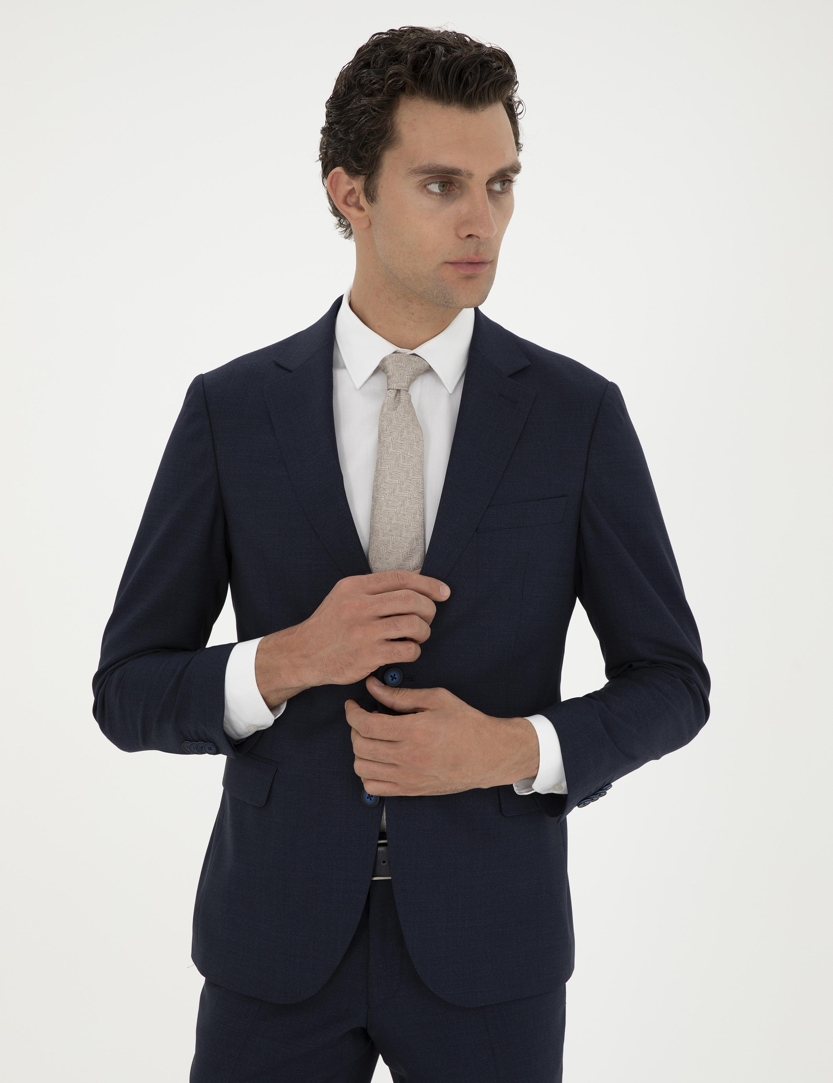 Lacivert Slim Fit %100 Yün Mikro Desenli Takım Elbise - 50285134023
