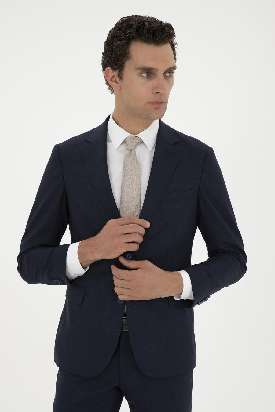 Lacivert Slim Fit %100 Yün Mikro Desenli Takım Elbise - 50285134023