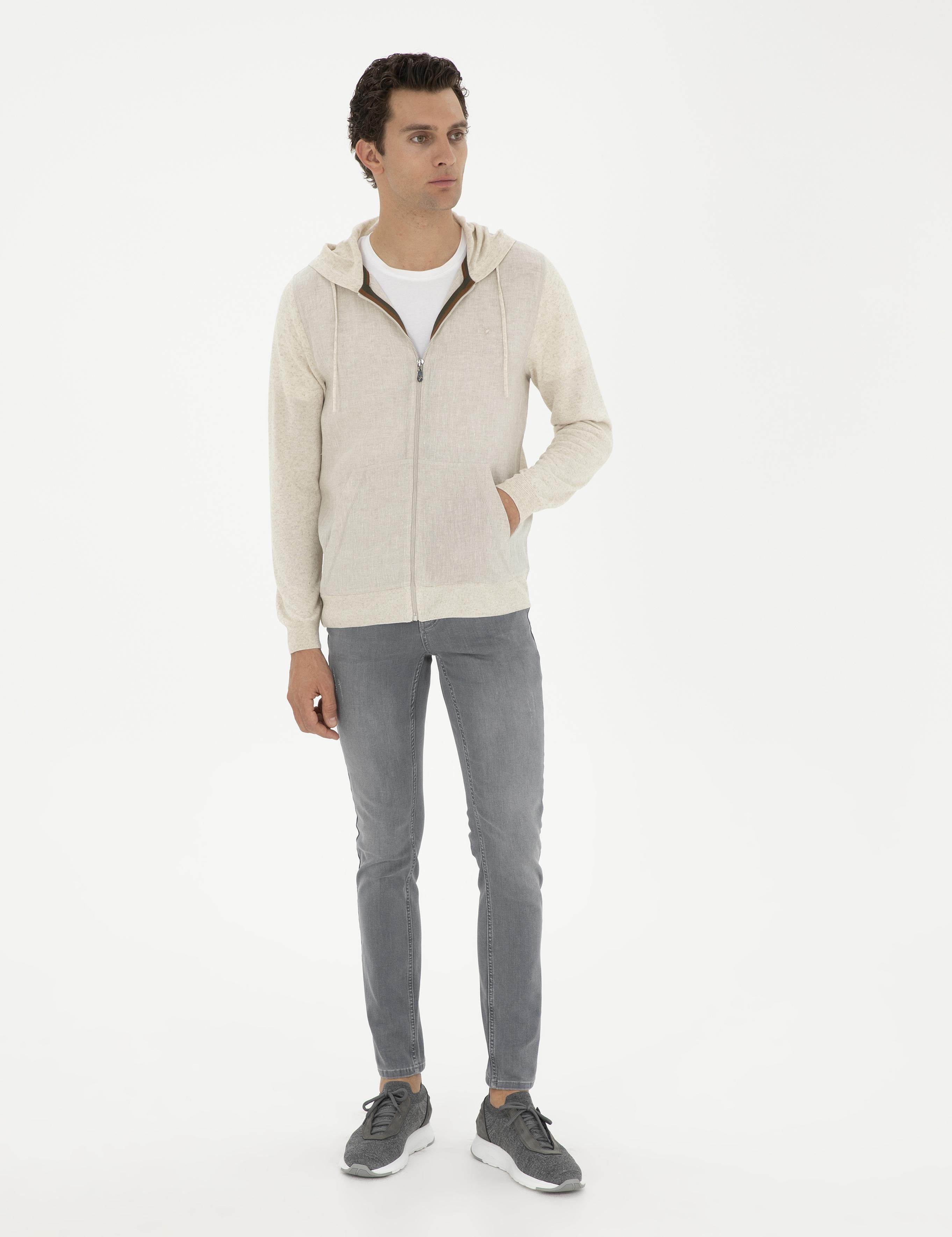 Ekru Regular Fit Keten Karışımlı Triko Hırka - 50288854043