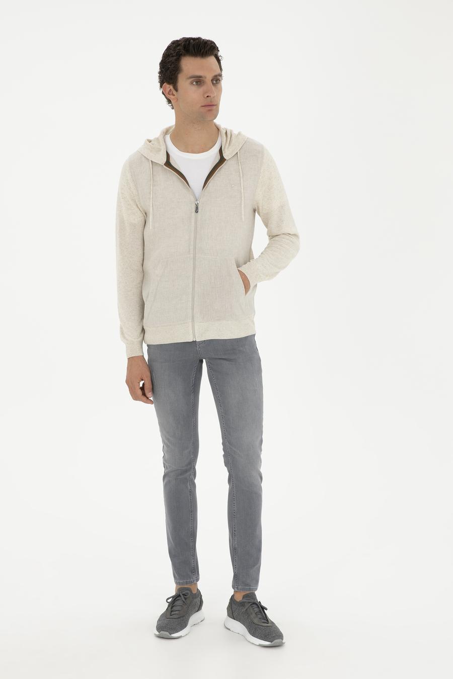 Ekru Regular Fit Keten Karışımlı Triko Hırka - 50288854043