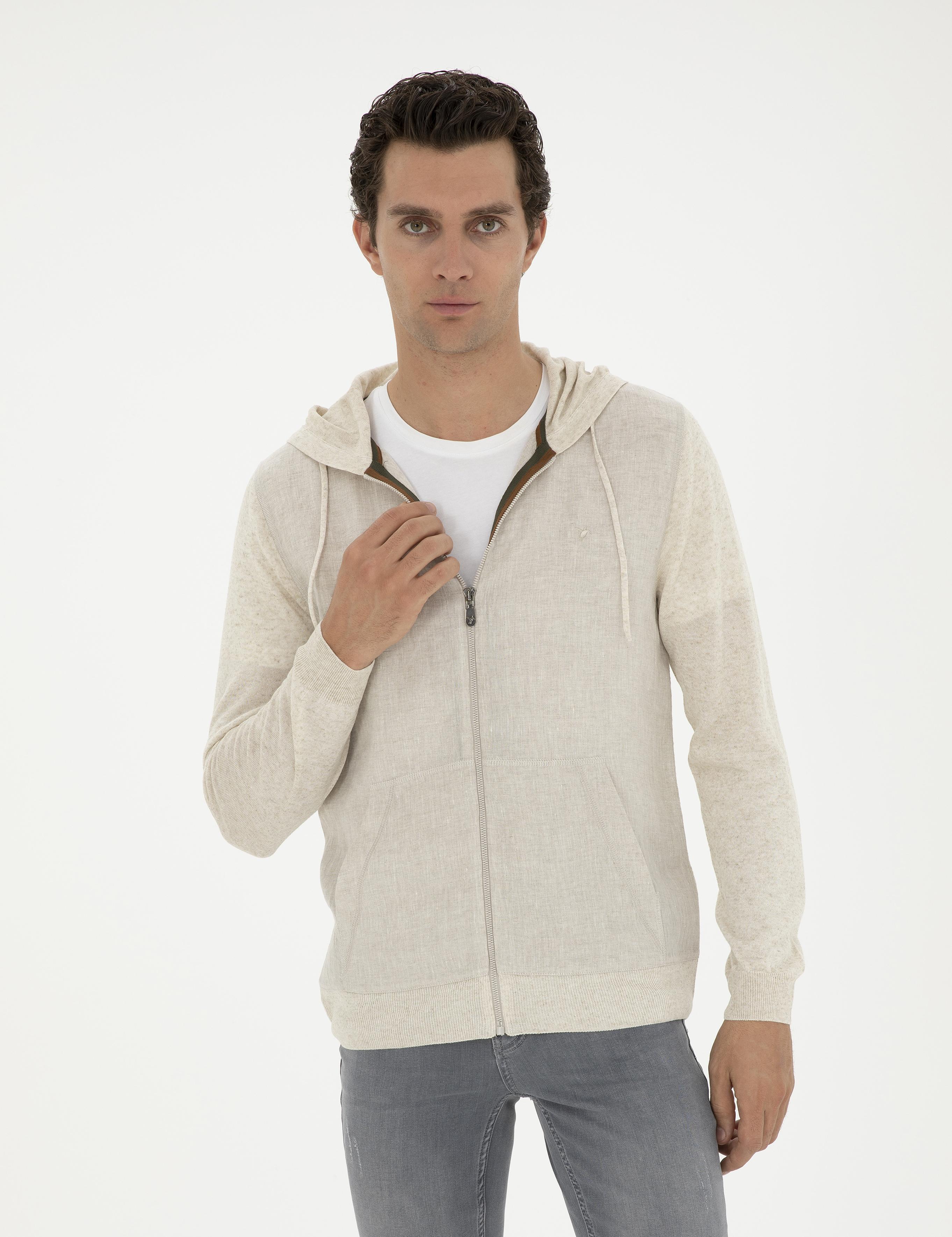 Ekru Regular Fit Keten Karışımlı Triko Hırka - 50288854043