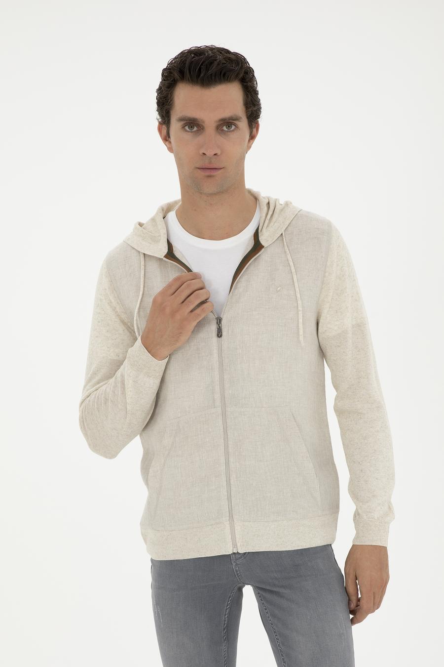 Ekru Regular Fit Keten Karışımlı Triko Hırka - 50288854043