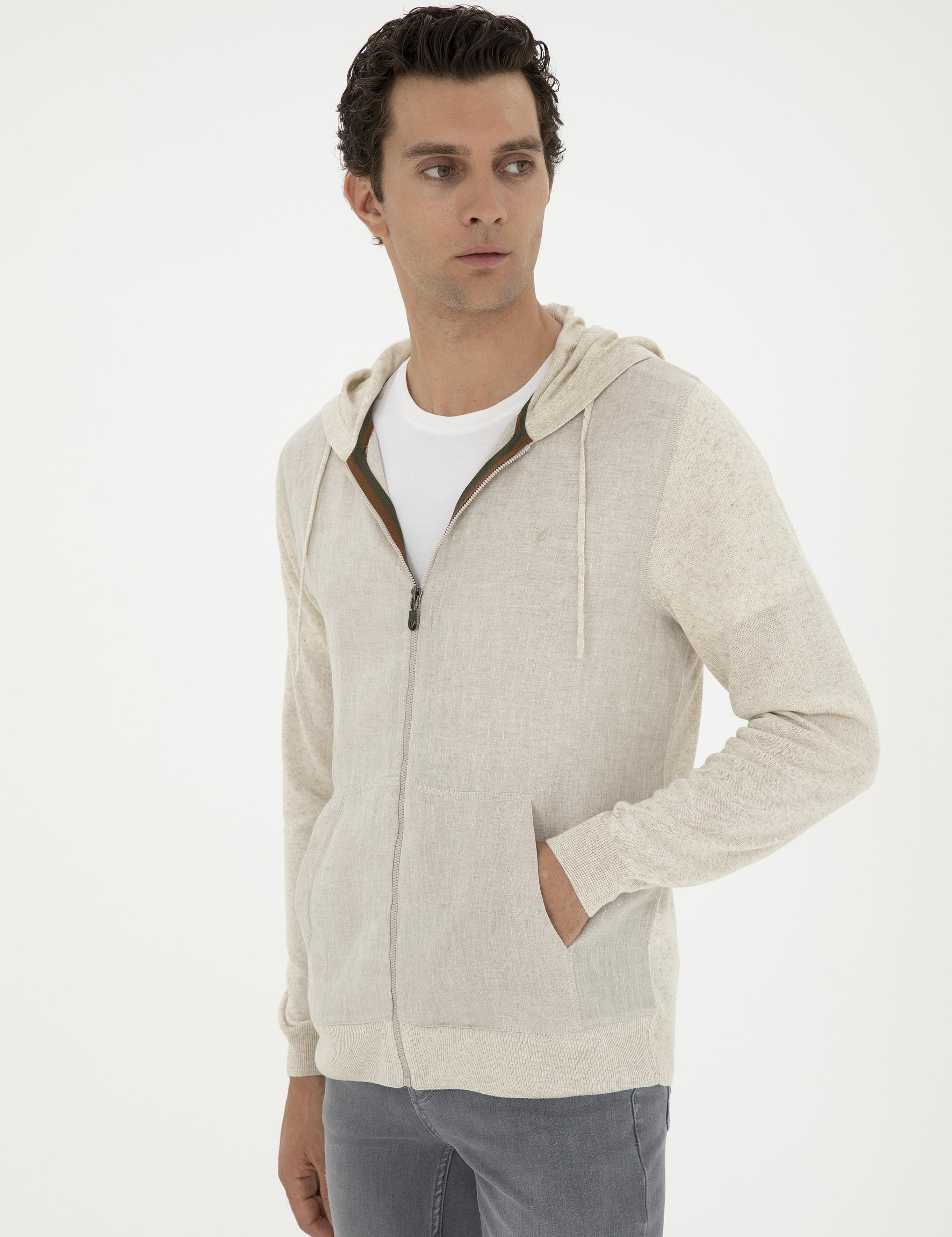 Ekru Regular Fit Keten Karışımlı Triko Hırka - 50288854043