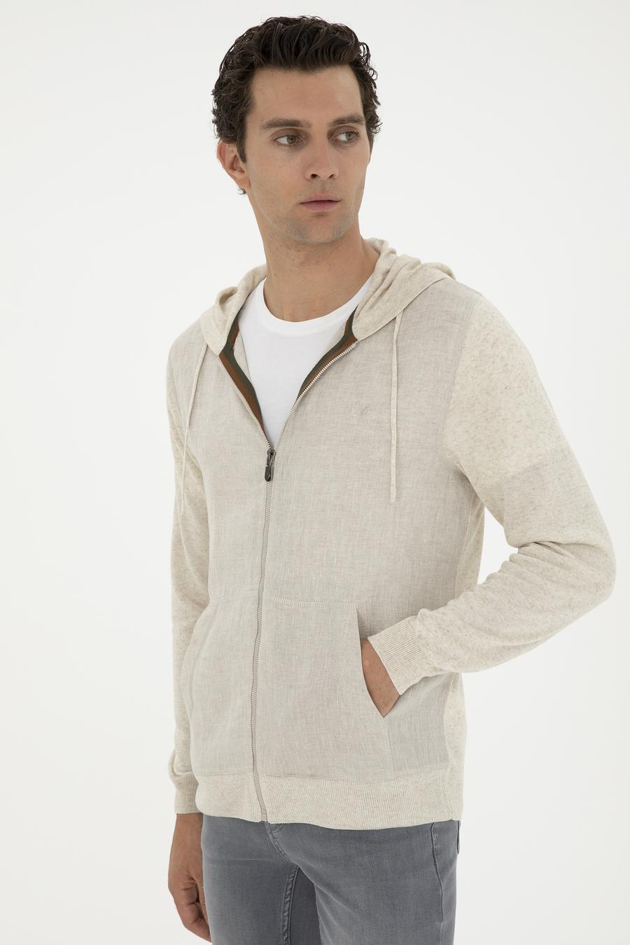 Ekru Regular Fit Keten Karışımlı Triko Hırka - 50288854043
