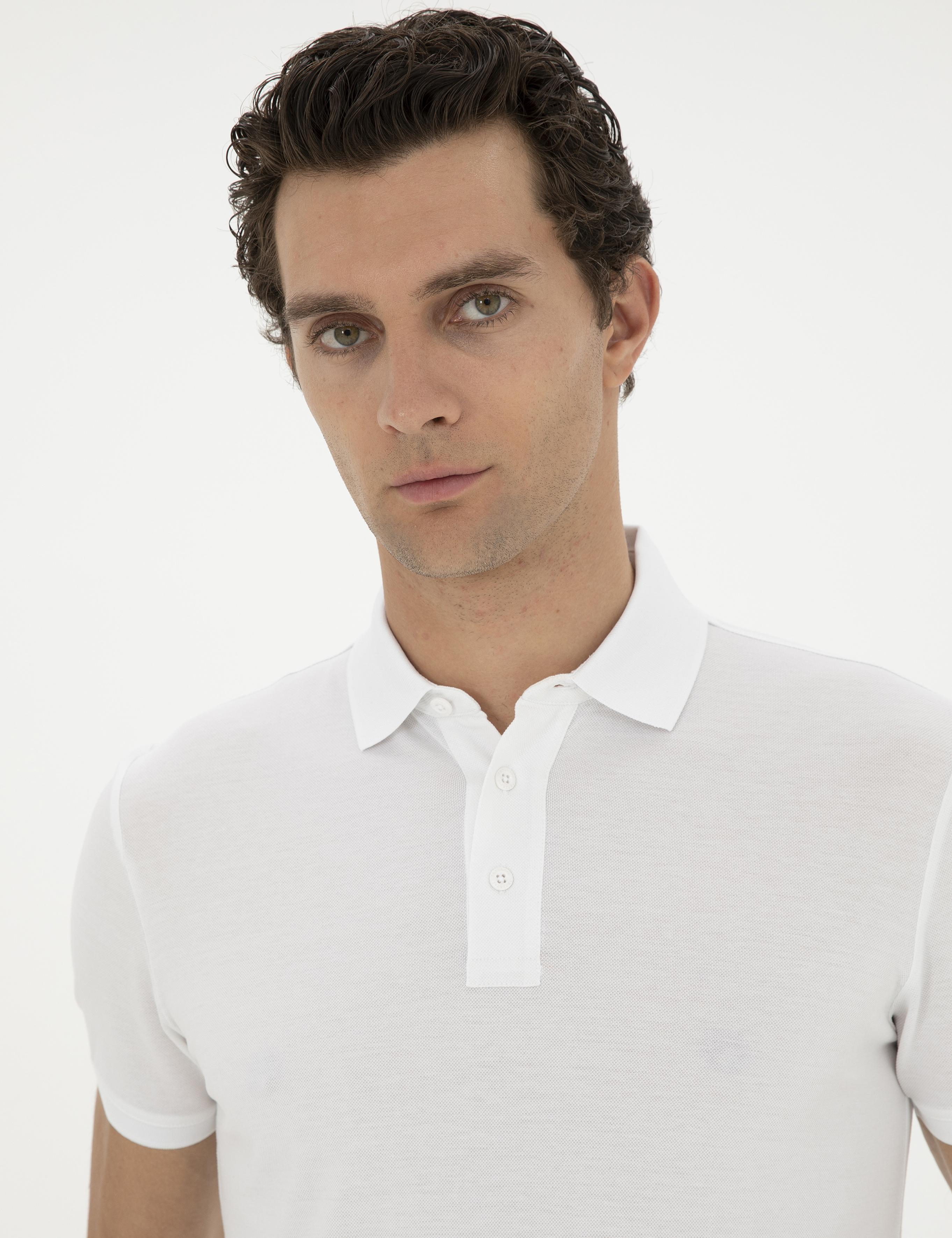 Beyaz Slim Fit Polo Yaka Merserize T-shirt - 50284772051