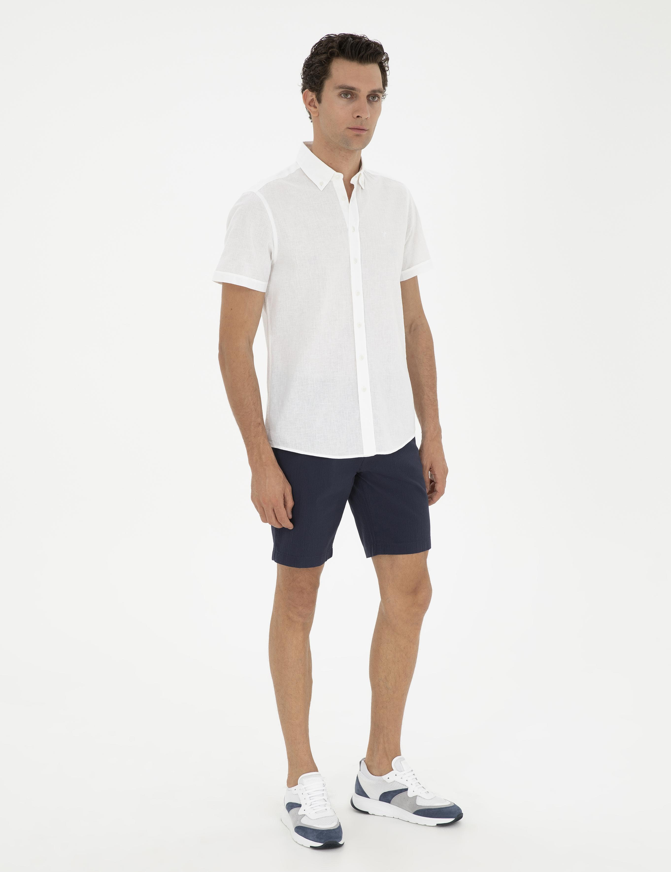 Beyaz Slim Fit Keten Karışımlı Kısakol Gömlek - 50288558041