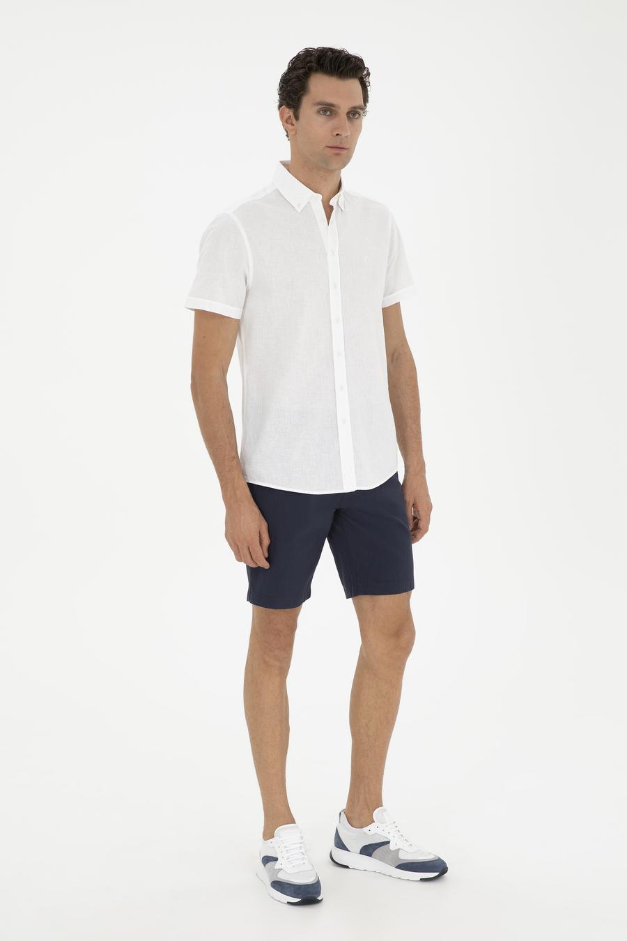 Beyaz Slim Fit Keten Karışımlı Kısakol Gömlek - 50288558041