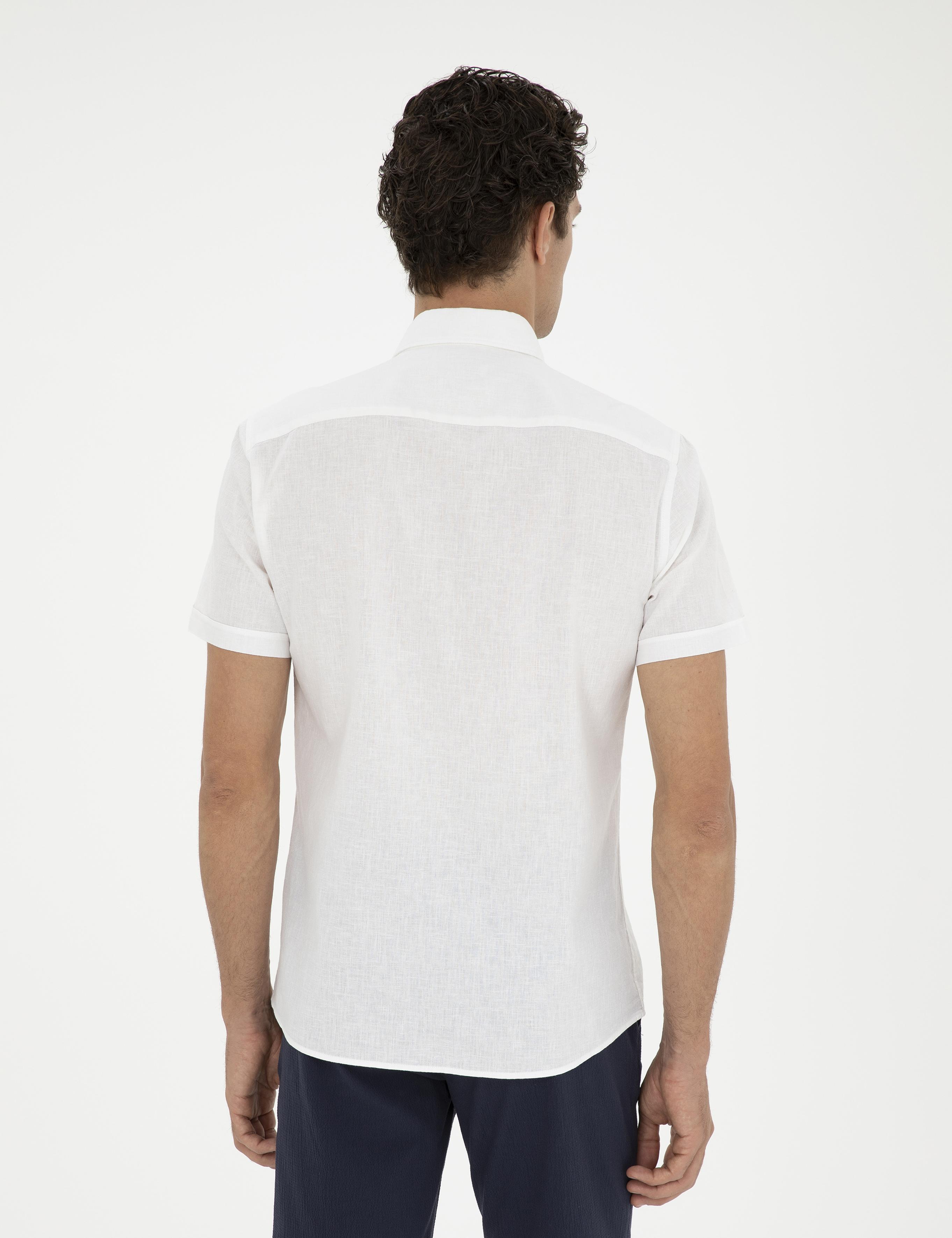 Beyaz Slim Fit Keten Karışımlı Kısakol Gömlek - 50288558041