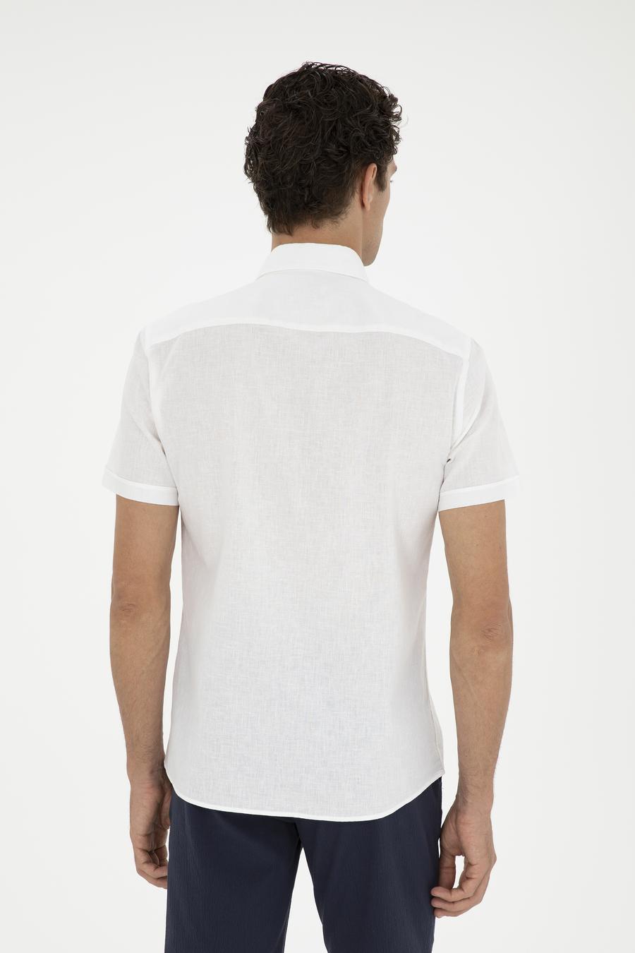 Beyaz Slim Fit Keten Karışımlı Kısakol Gömlek - 50288558041
