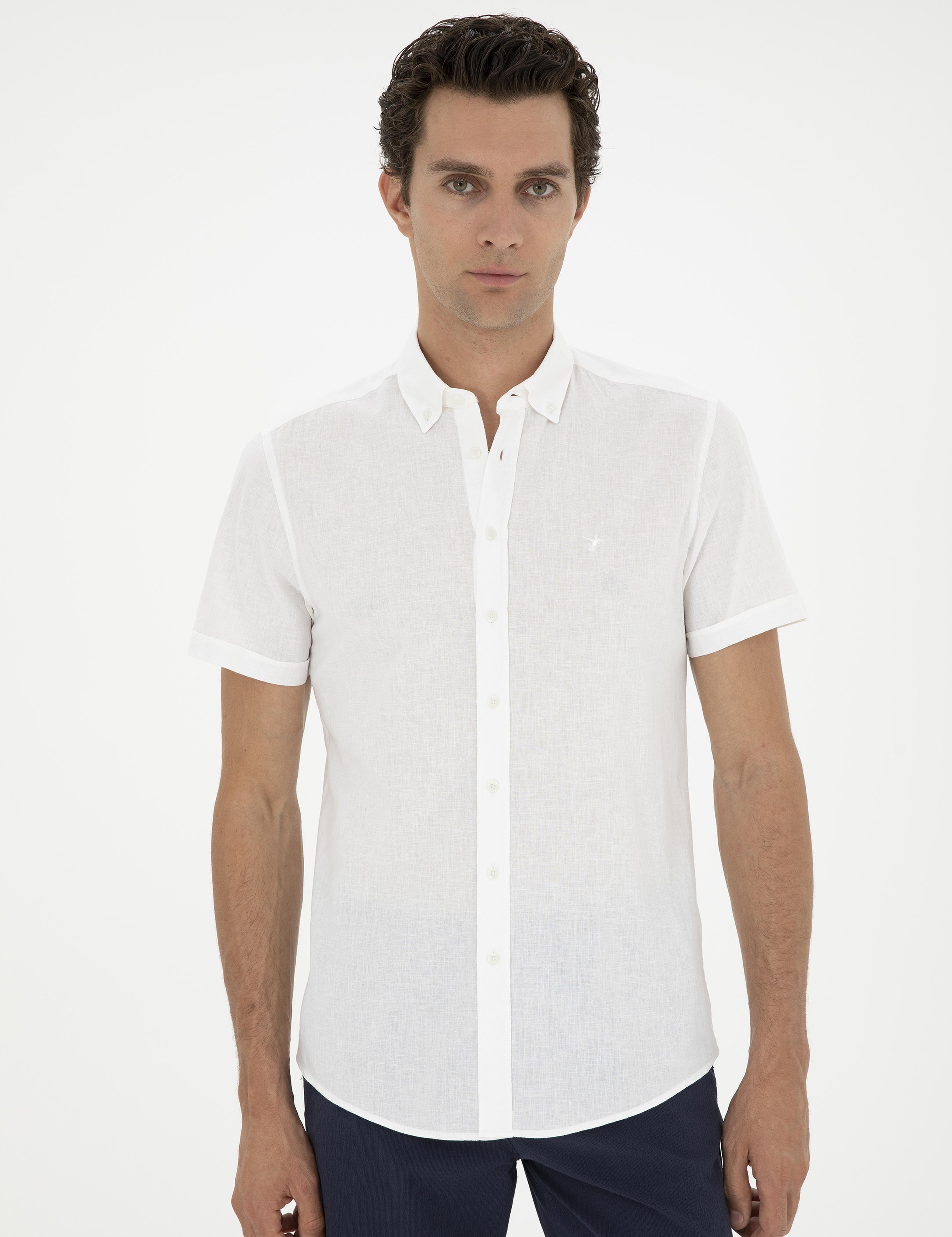 Beyaz Slim Fit Keten Karışımlı Kısakol Gömlek - 50288558041