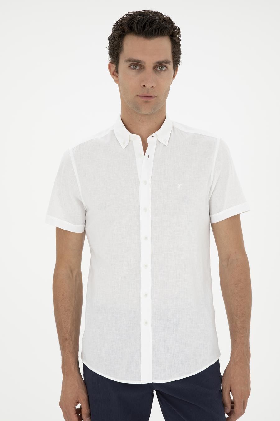 Beyaz Slim Fit Keten Karışımlı Kısakol Gömlek - 50288558041