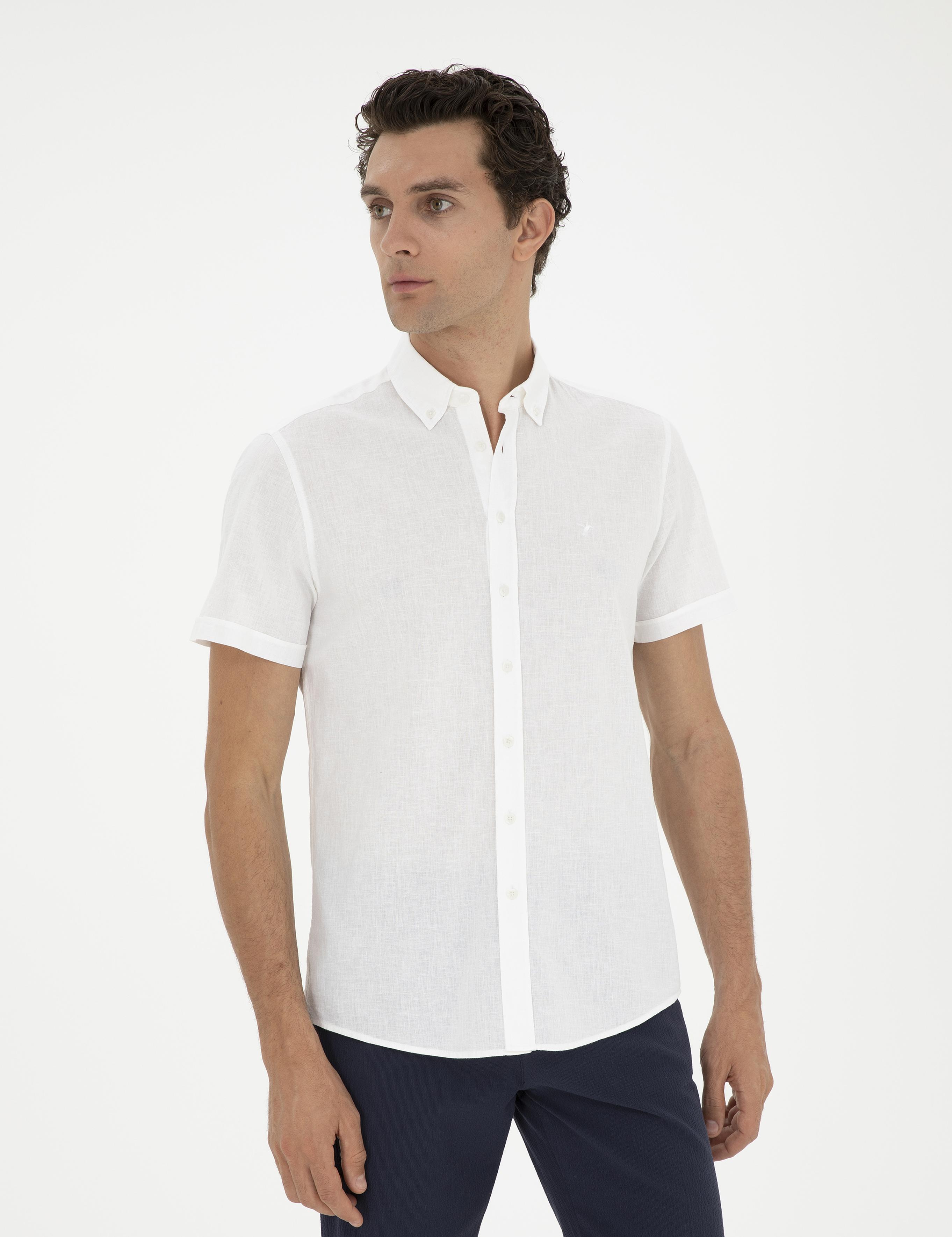 Beyaz Slim Fit Keten Karışımlı Kısakol Gömlek - 50288558041