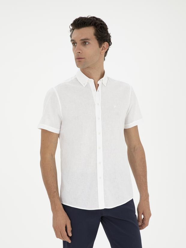 Beyaz Slim Fit Keten Karışımlı Kısakol Gömlek