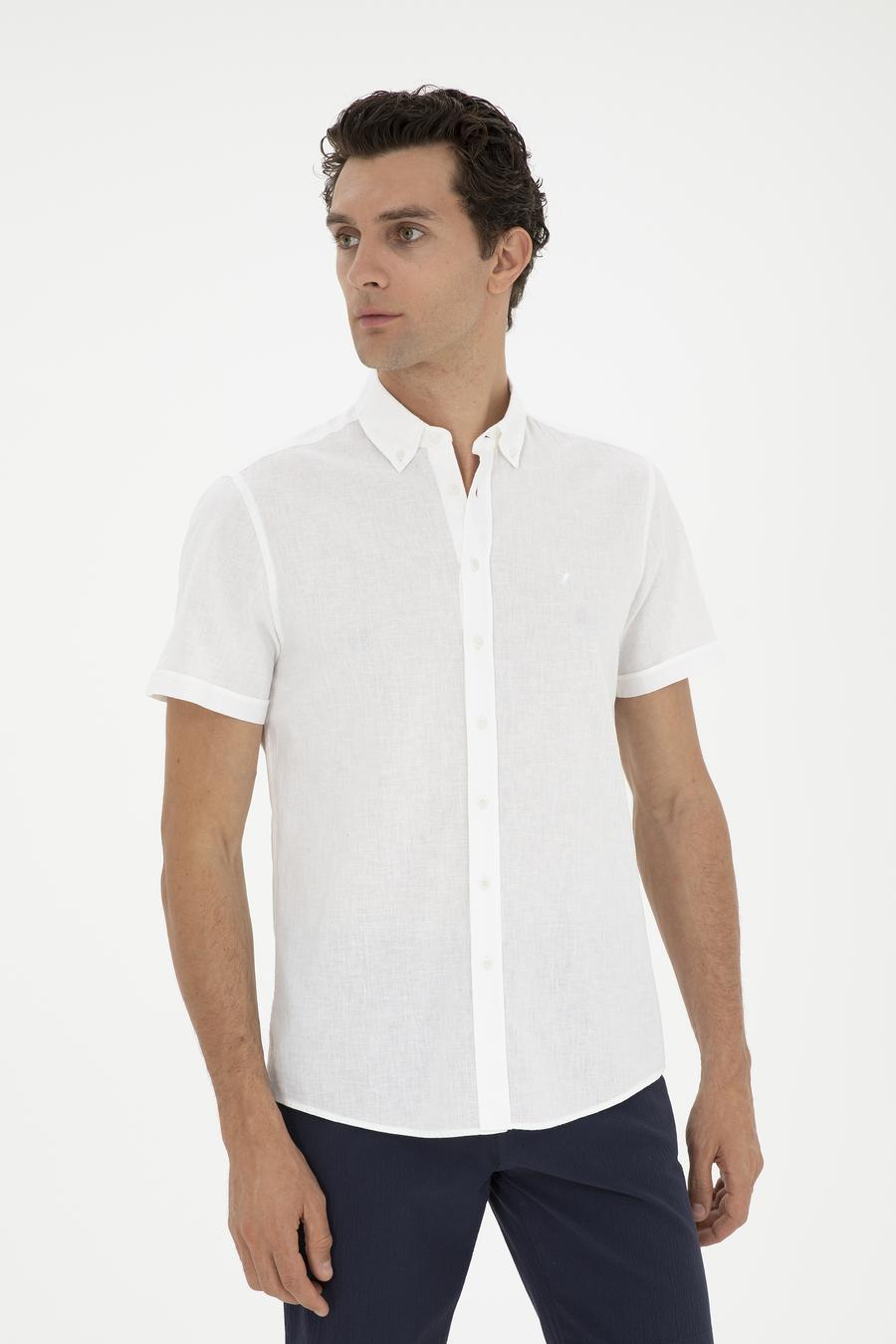 Beyaz Slim Fit Keten Karışımlı Kısakol Gömlek - 50288558041