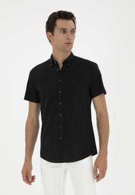 Siyah Slim Fit Keten Karışımlı Kısakol Gömlek
