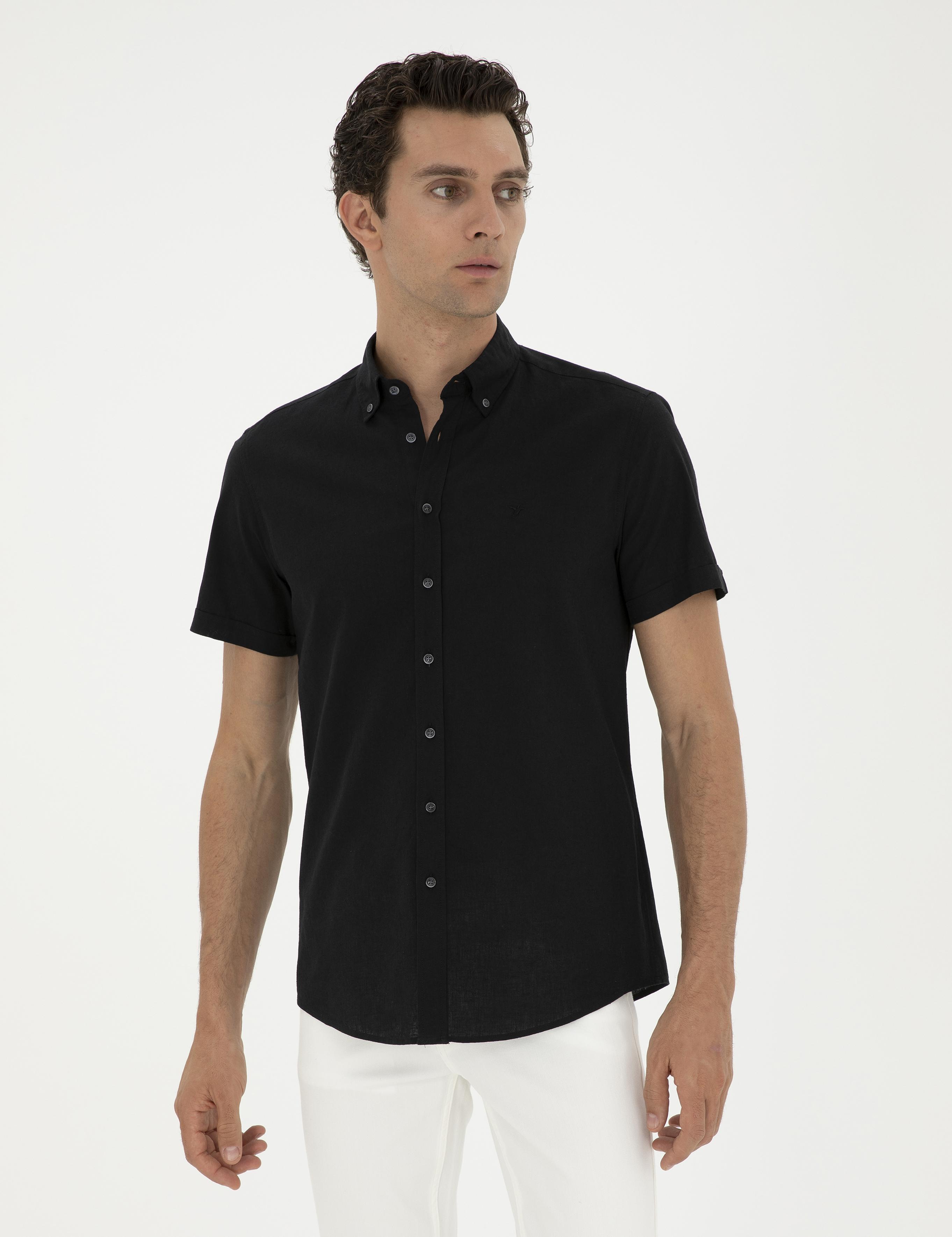Siyah Slim Fit Keten Karışımlı Kısakol Gömlek - 50288558064