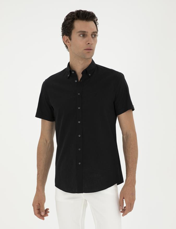 Siyah Slim Fit Keten Karışımlı Kısakol Gömlek