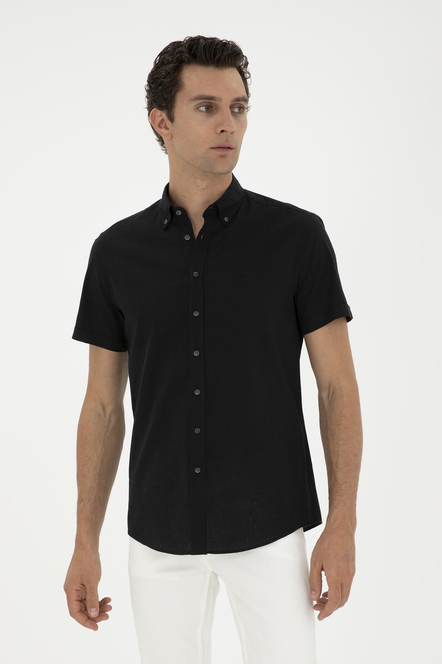 Siyah Slim Fit Keten Karışımlı Kısakol Gömlek - 50288558064