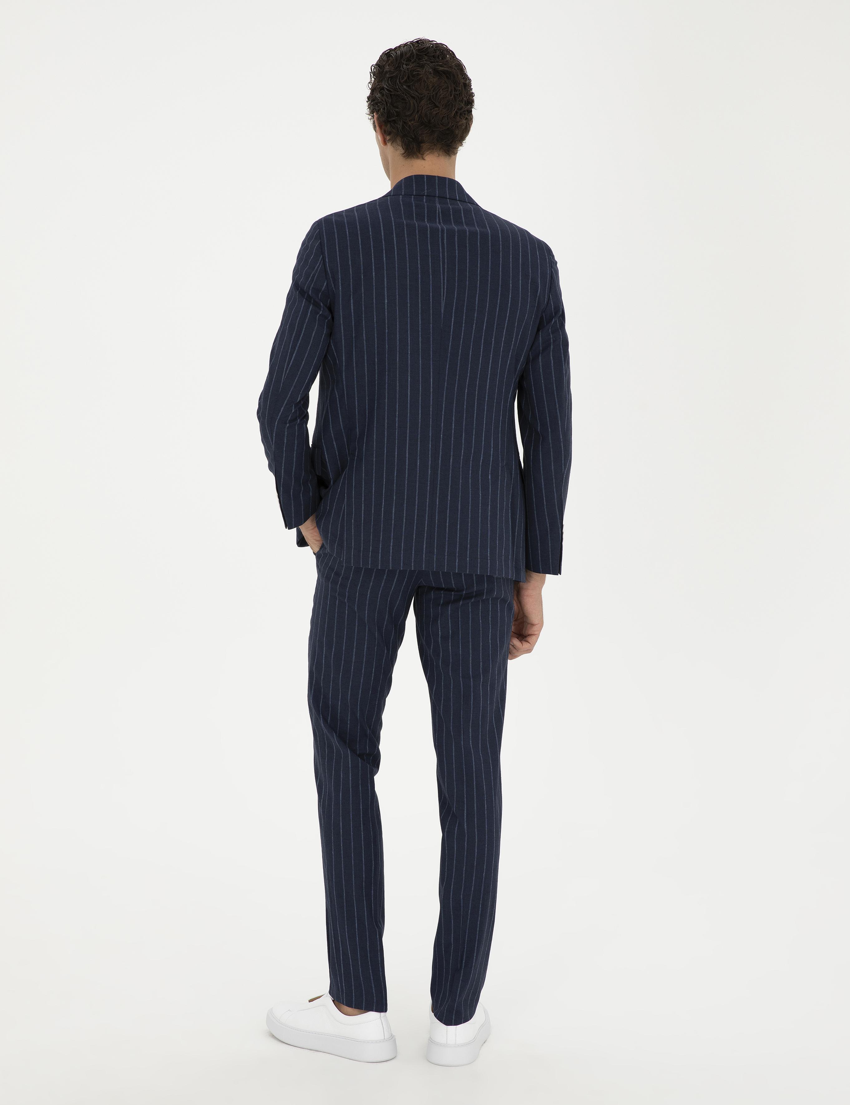 Koyu Lacivert  Slim Fit Yün Keten Karışımlı Takım Elbise - 50288569014