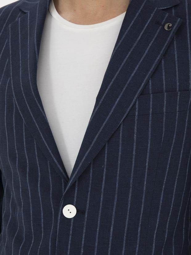 Koyu Lacivert  Slim Fit Yün Keten Karışımlı Takım Elbise