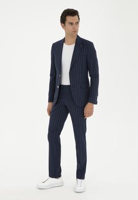 Koyu Lacivert  Slim Fit Yün Keten Karışımlı Takım Elbise