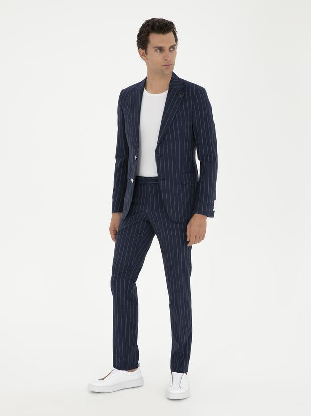 Koyu Lacivert  Slim Fit Yün Keten Karışımlı Takım Elbise