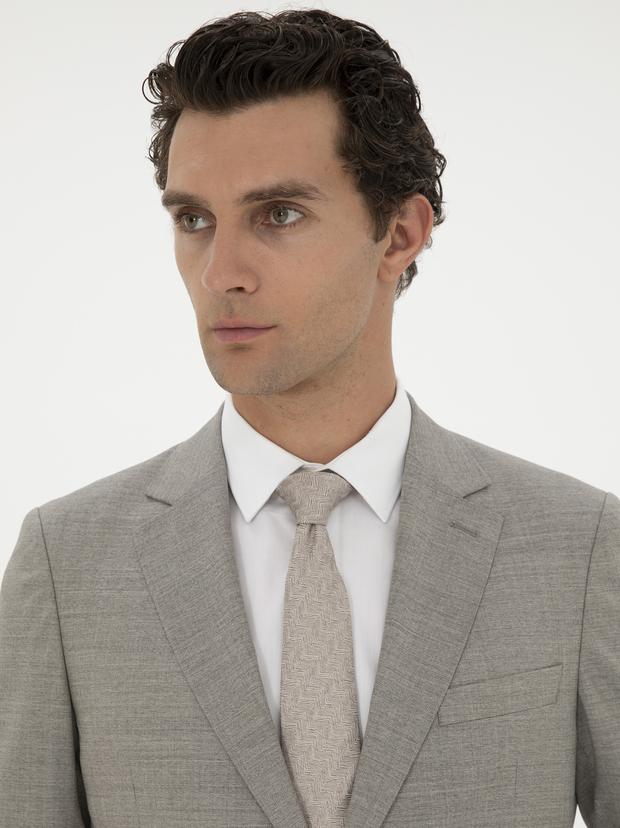 Bej Slim Fit %100 Yün Mikro Desenli Takım Elbise