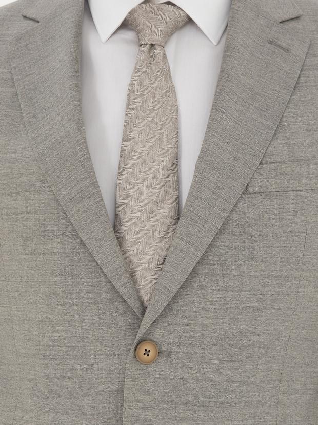 Bej Slim Fit %100 Yün Mikro Desenli Takım Elbise