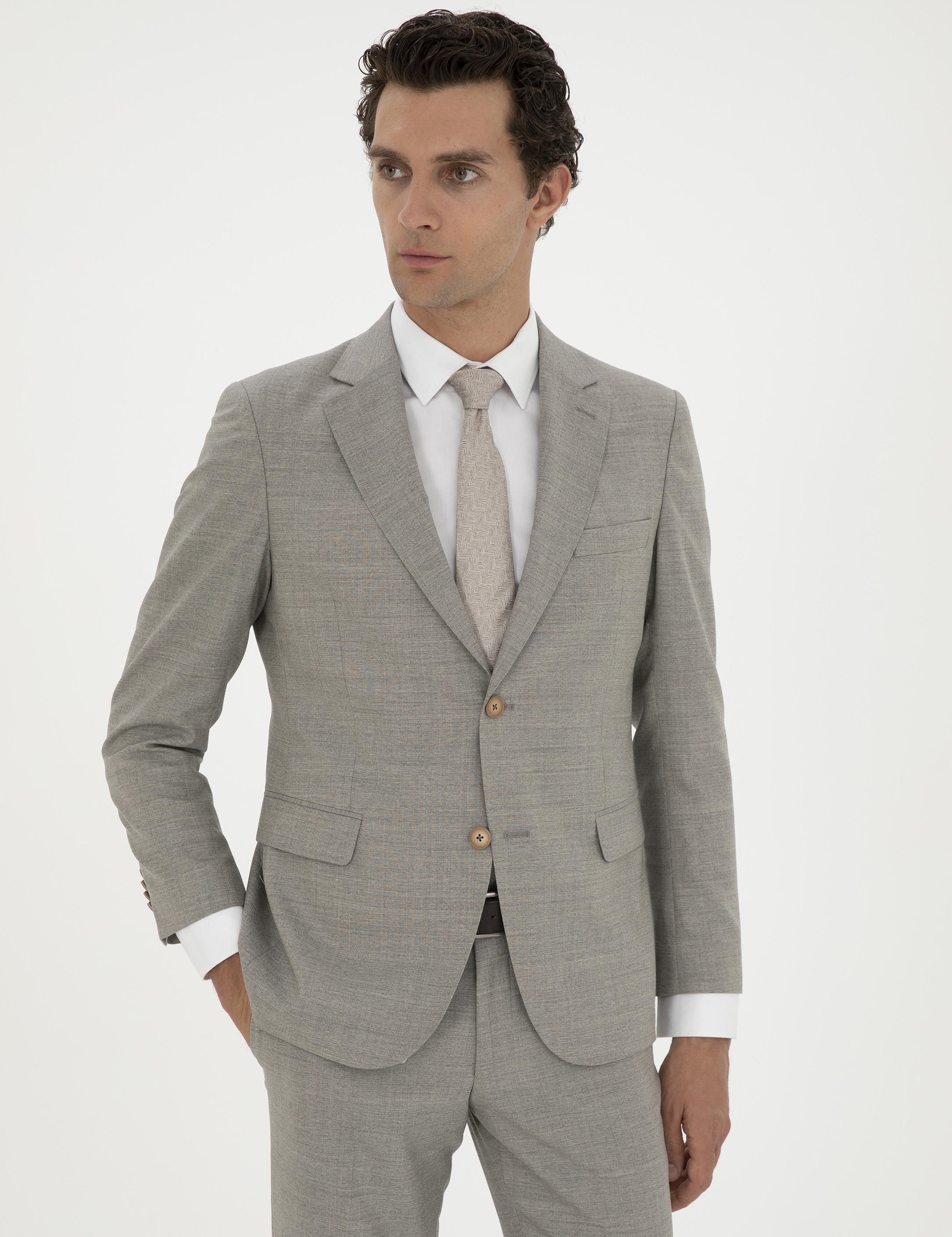 Bej Slim Fit %100 Yün Mikro Desenli Takım Elbise - 50285134086