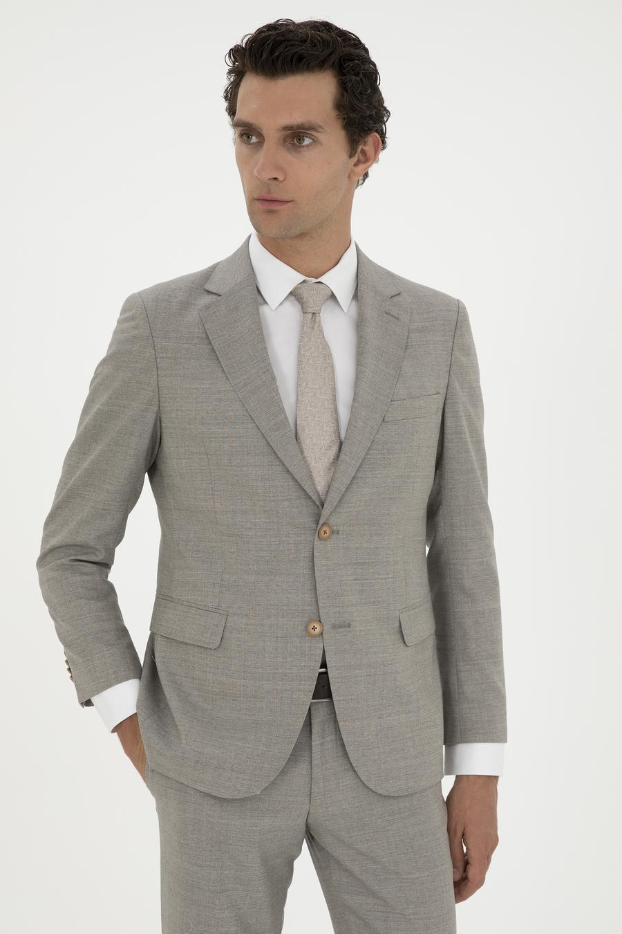 Bej Slim Fit %100 Yün Mikro Desenli Takım Elbise - 50285134086