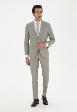 Bej Slim Fit %100 Yün Mikro Desenli Takım Elbise