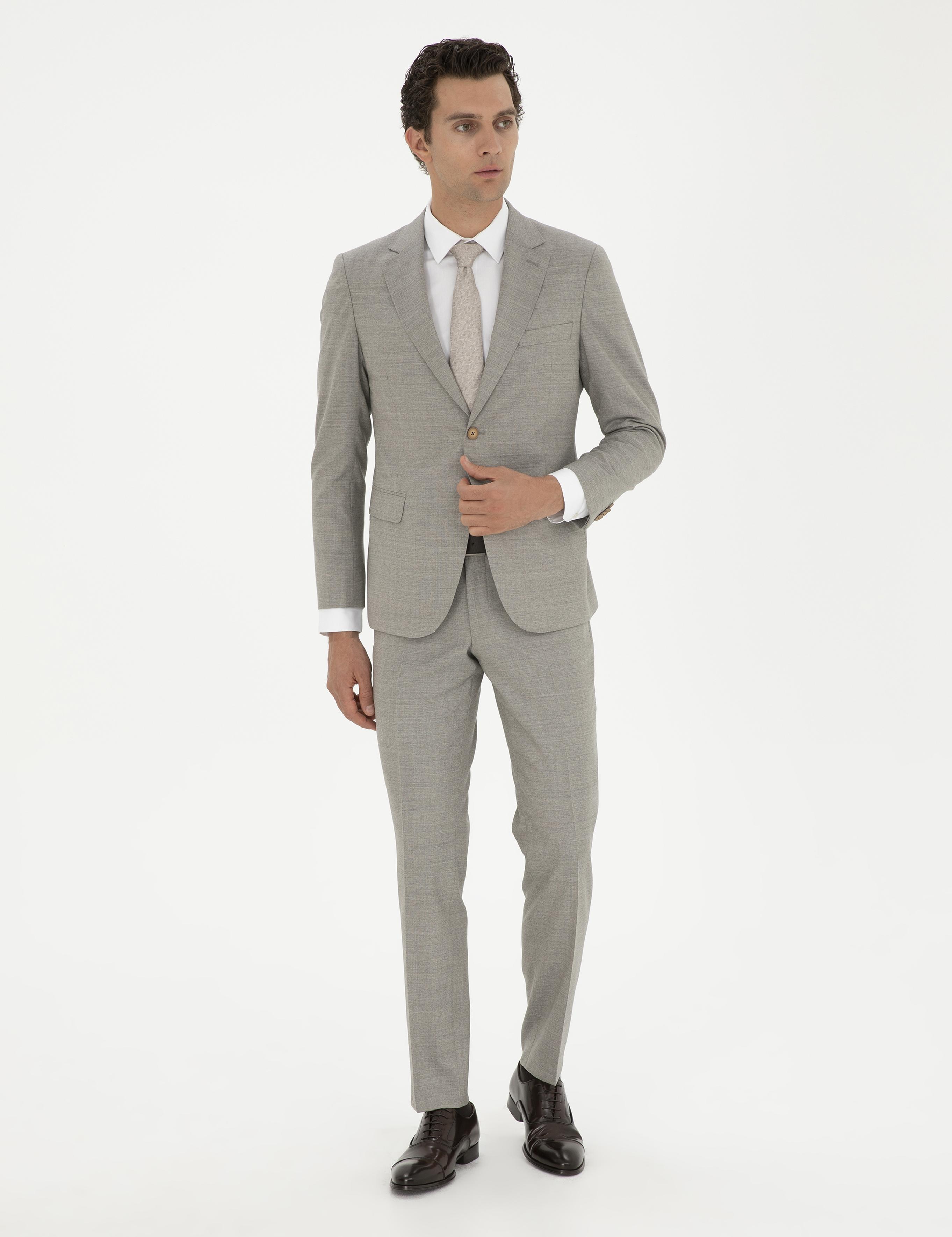 Bej Slim Fit %100 Yün Mikro Desenli Takım Elbise - 50285134086