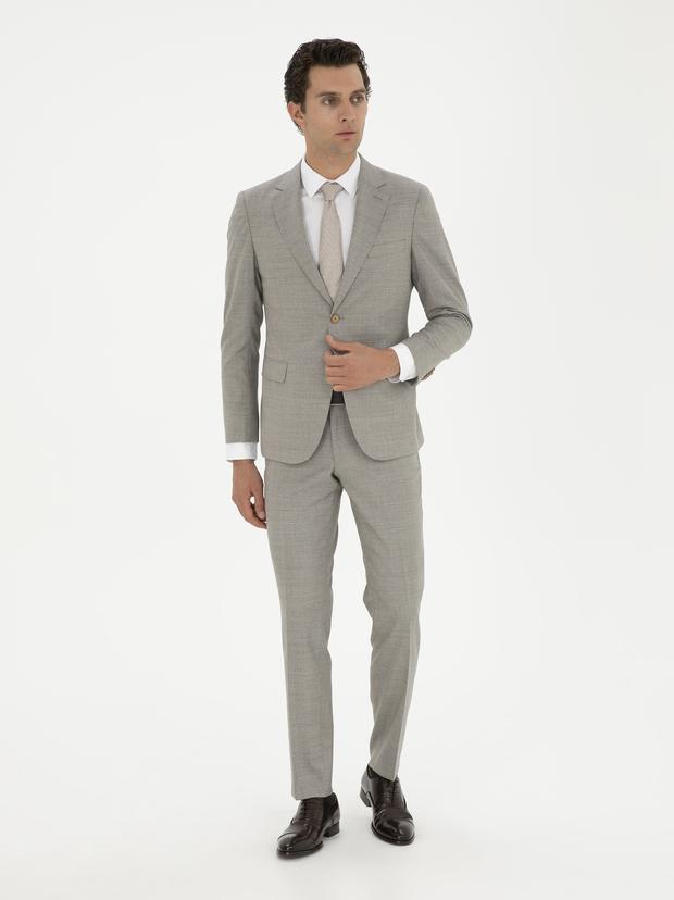 Bej Slim Fit %100 Yün Mikro Desenli Takım Elbise