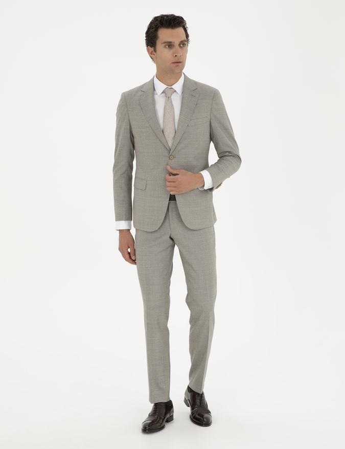 Bej Slim Fit %100 Yün Mikro Desenli Takım Elbise