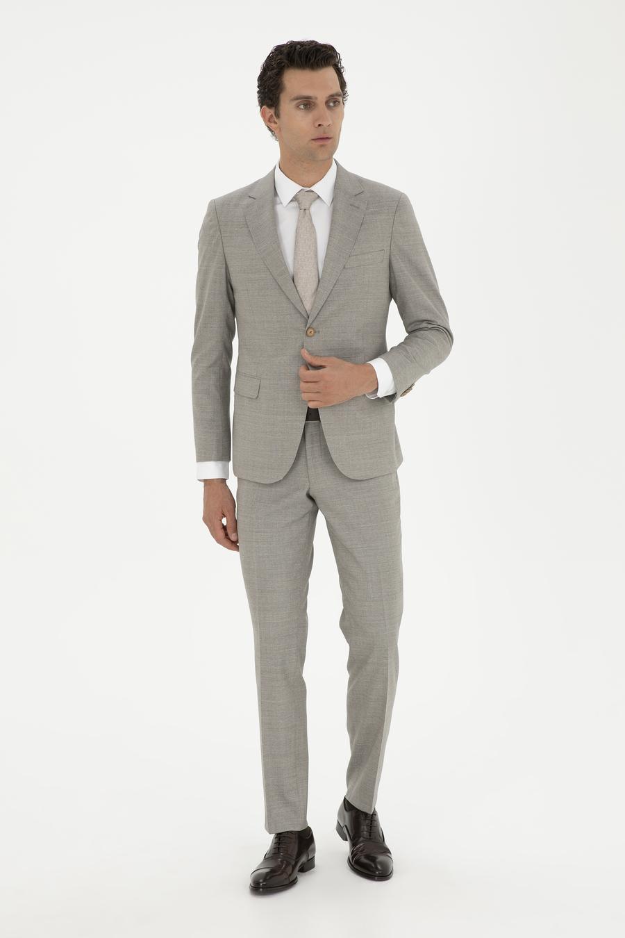Bej Slim Fit %100 Yün Mikro Desenli Takım Elbise - 50285134086