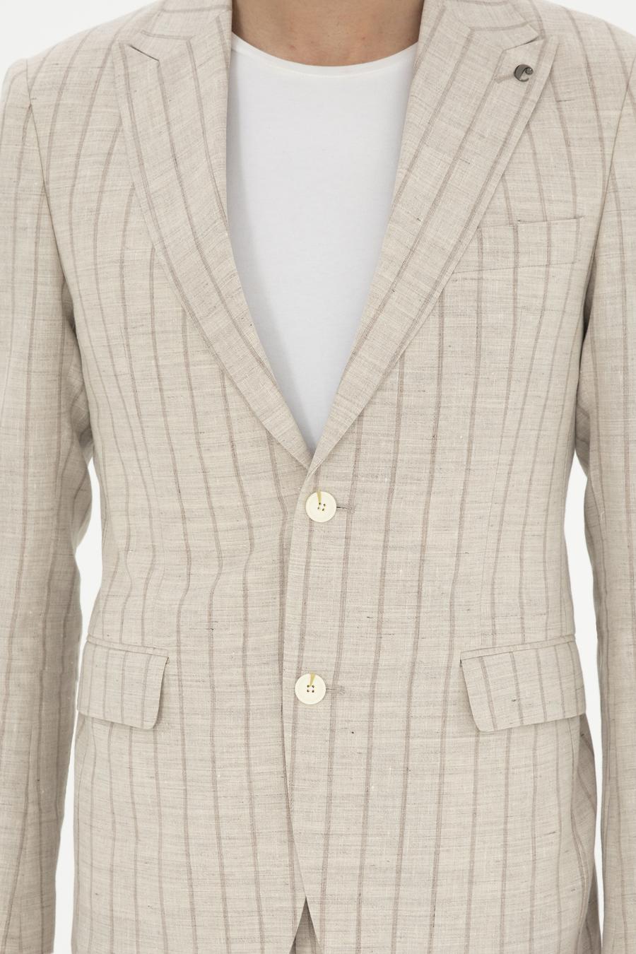 Bej Slim Fit Çizgili Yün Karışımlı Keten Takım Elbise - 50288733005