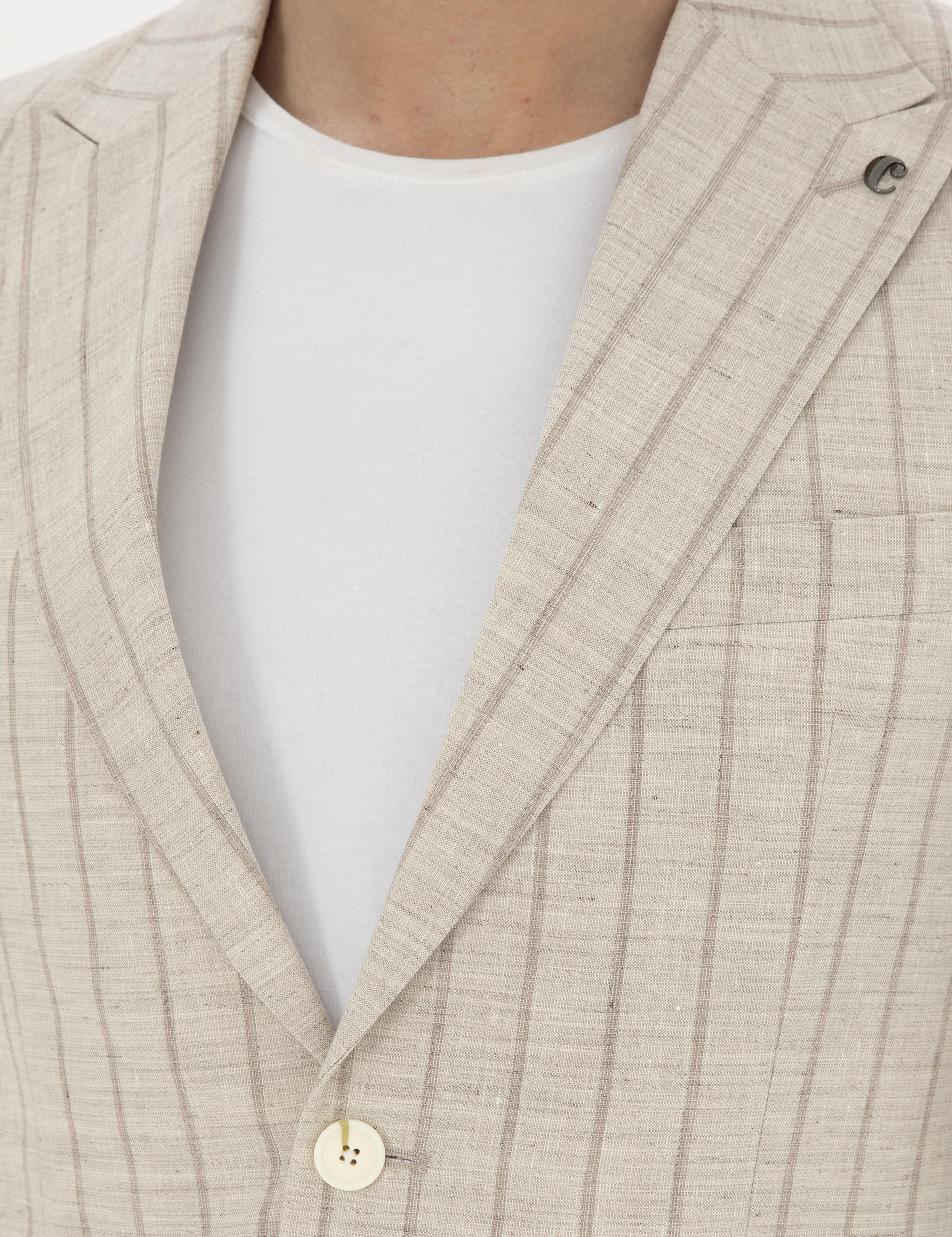 Bej Slim Fit Çizgili Yün Karışımlı Keten Takım Elbise - 50288733005