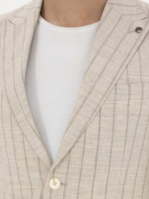 Bej Slim Fit Çizgili Yün Karışımlı Keten Takım Elbise