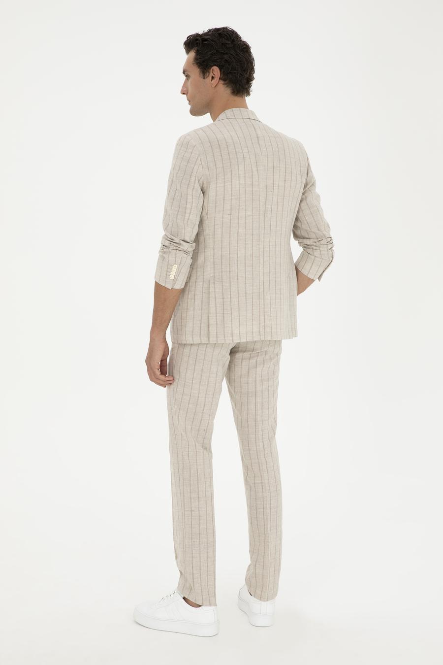 Bej Slim Fit Çizgili Yün Karışımlı Keten Takım Elbise - 50288733005