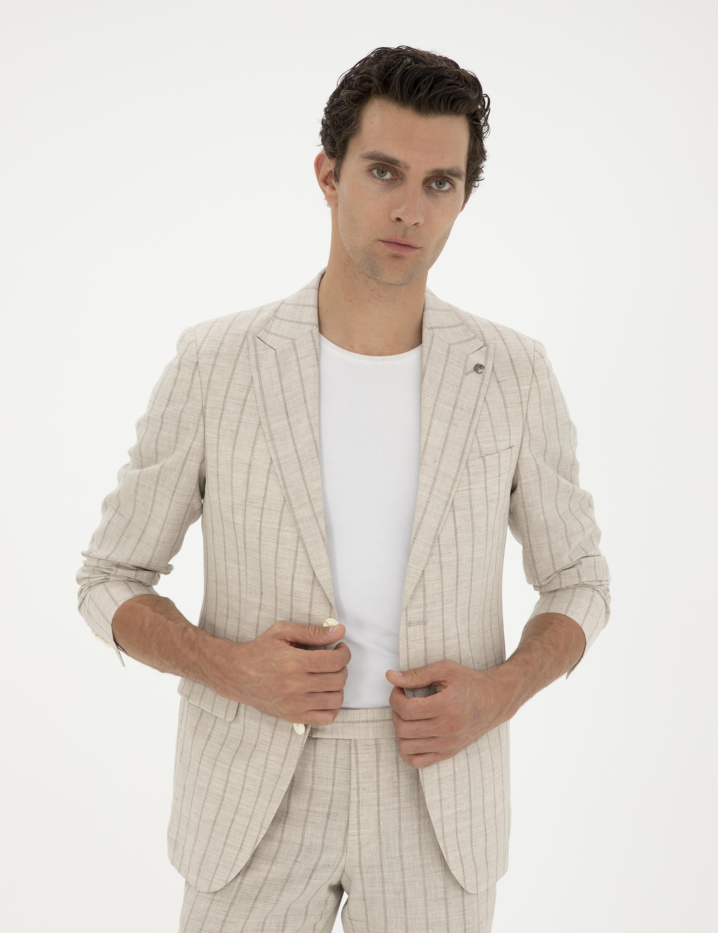 Bej Slim Fit Çizgili Yün Karışımlı Keten Takım Elbise - 50288733005