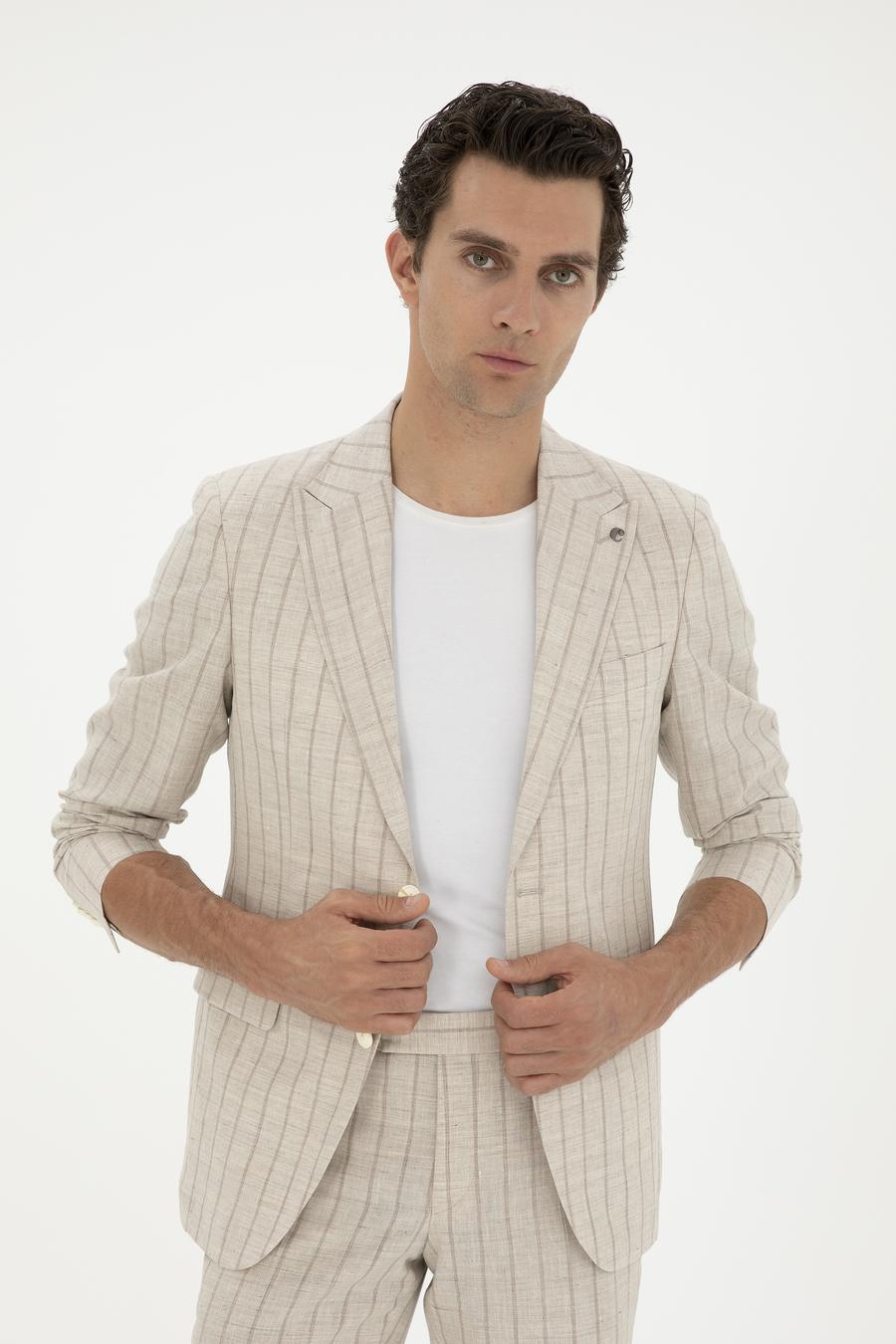 Bej Slim Fit Çizgili Yün Karışımlı Keten Takım Elbise - 50288733005