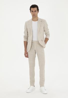 Bej Slim Fit Çizgili Yün Karışımlı Keten Takım Elbise