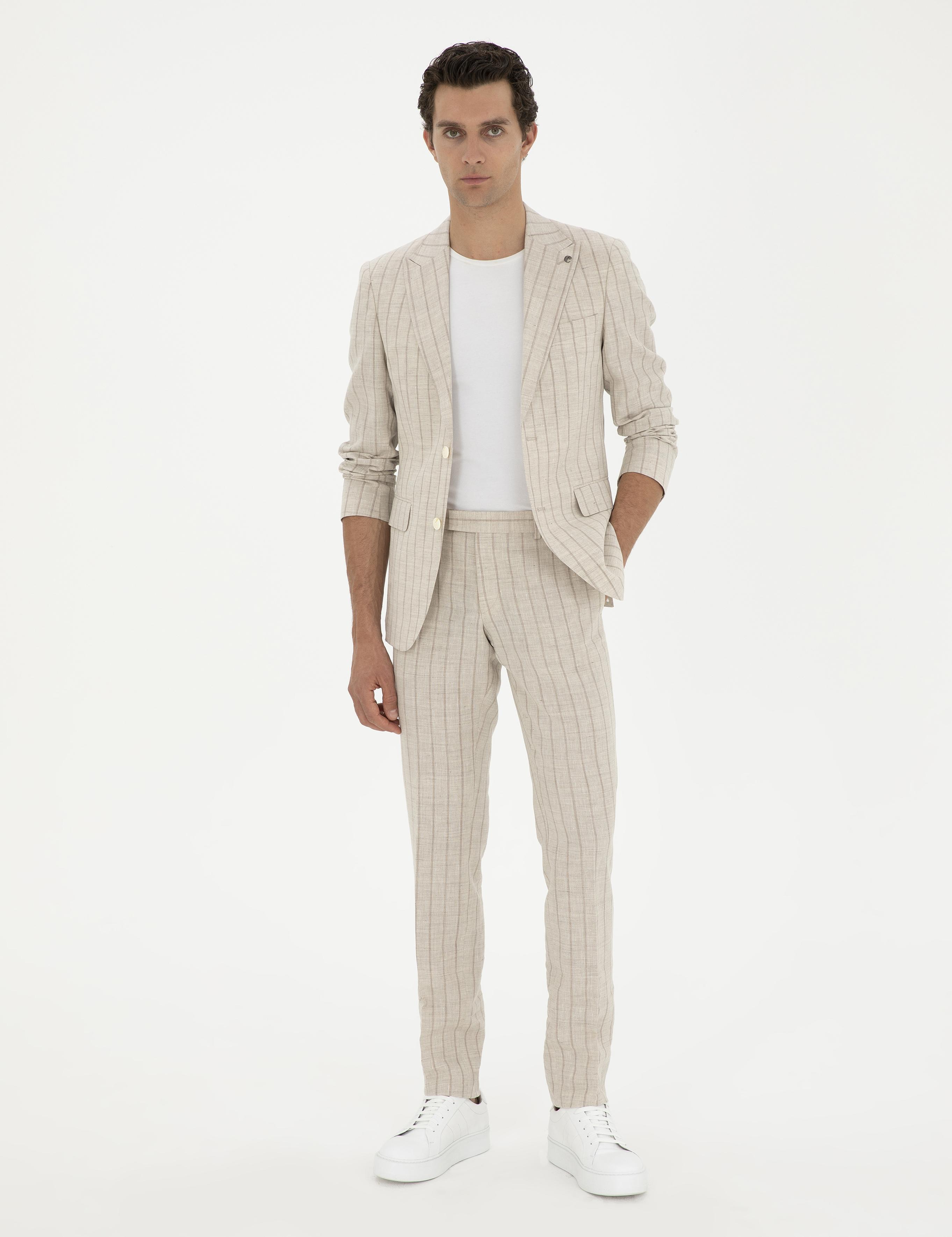 Bej Slim Fit Çizgili Yün Karışımlı Keten Takım Elbise - 50288733005