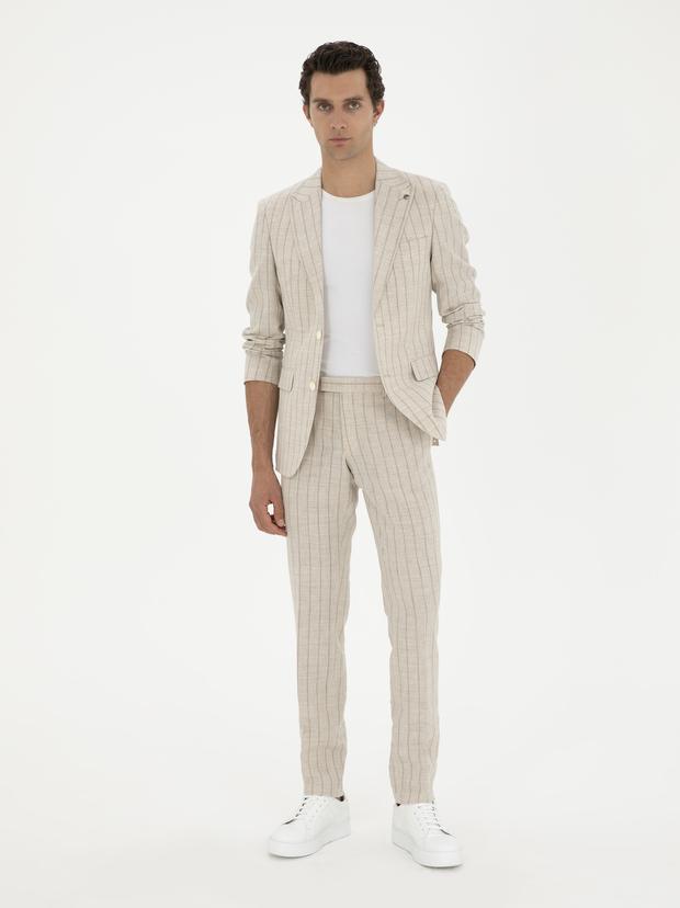 Bej Slim Fit Çizgili Yün Karışımlı Keten Takım Elbise