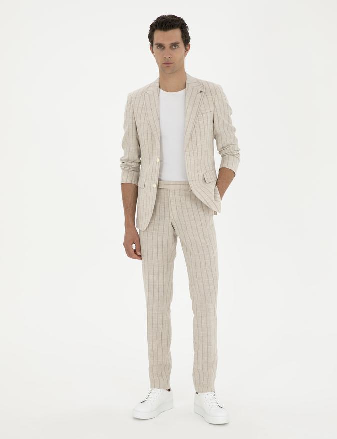 Bej Slim Fit Çizgili Yün Karışımlı Keten Takım Elbise