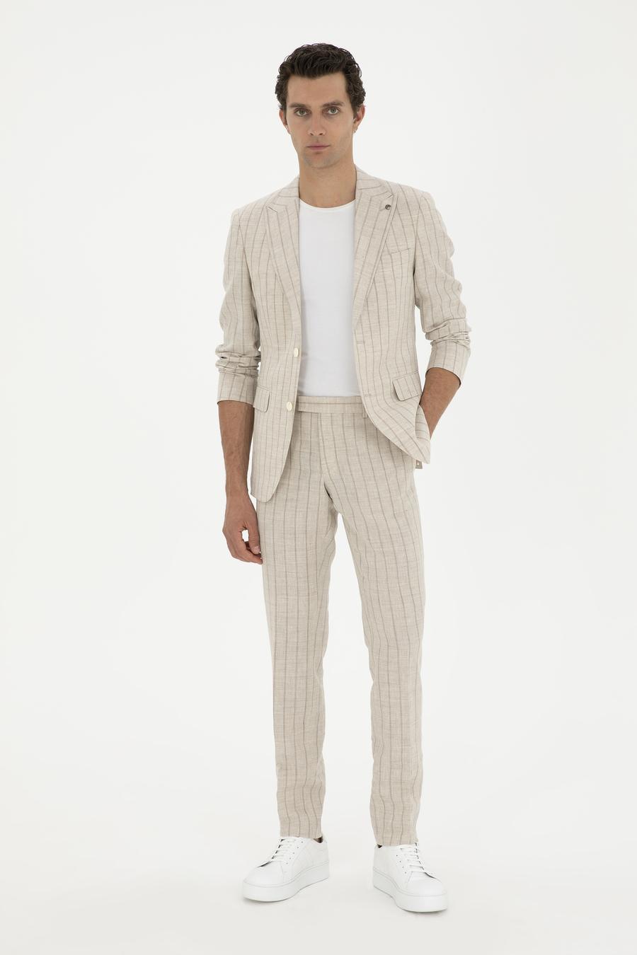 Bej Slim Fit Çizgili Yün Karışımlı Keten Takım Elbise - 50288733005