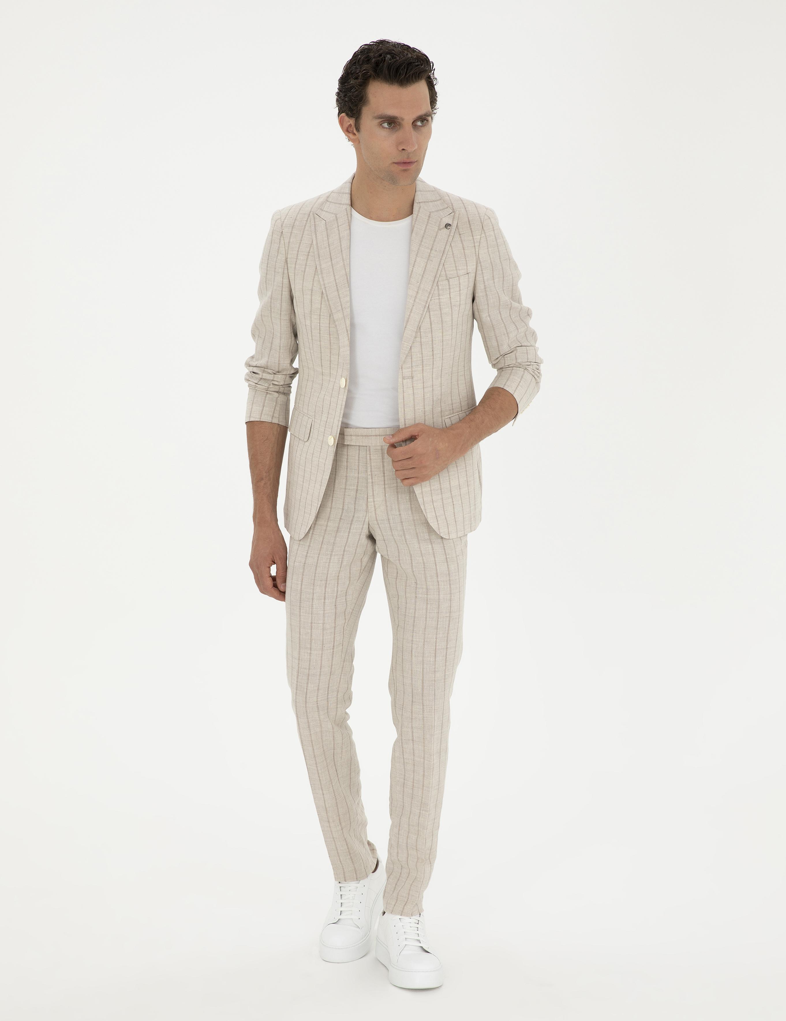 Bej Slim Fit Çizgili Yün Karışımlı Keten Takım Elbise - 50288733005